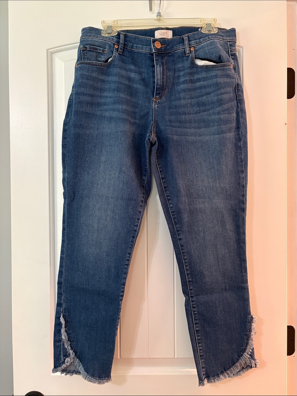 LOFT Dark Blue Ankle Crop Jeans with Frayed Curved Hem
